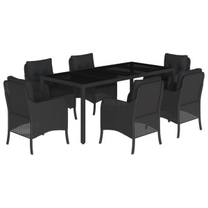 Set de comedor de jardín 7 pzas y cojines ratán sintético negro H