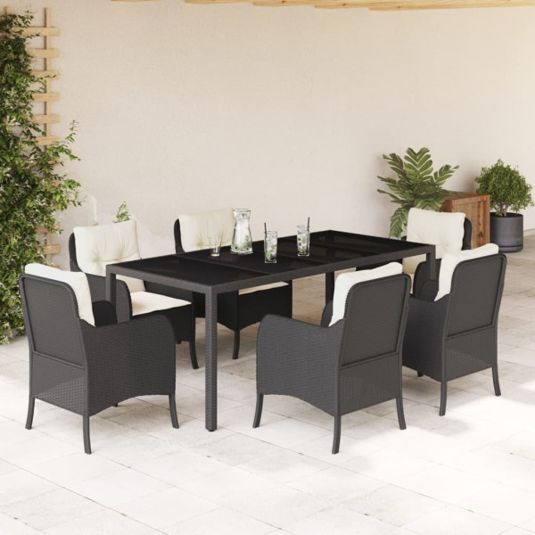 Set de comedor de jardín 7 pzas y cojines ratán sintético negro D