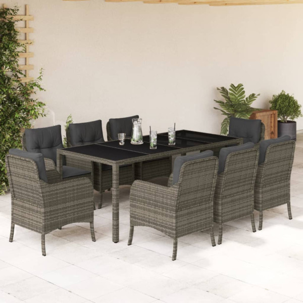 Set comedor jardín 9 pzas y cojines ratán sintético gris D