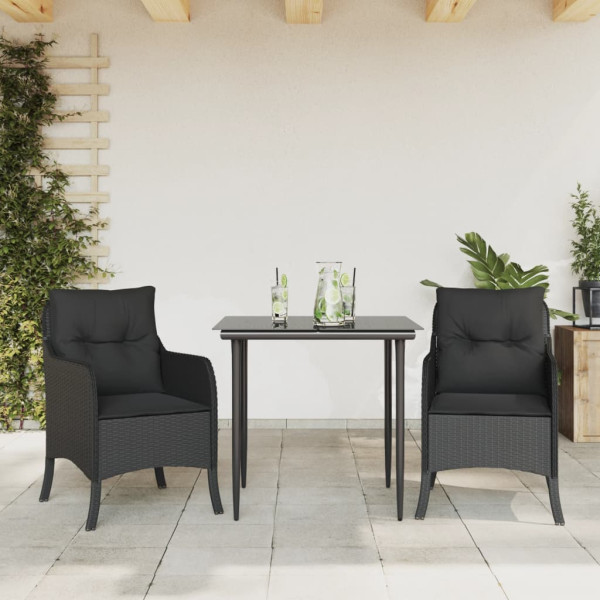 Set comedor de jardín 3 pzas con cojines ratán sintético negro D