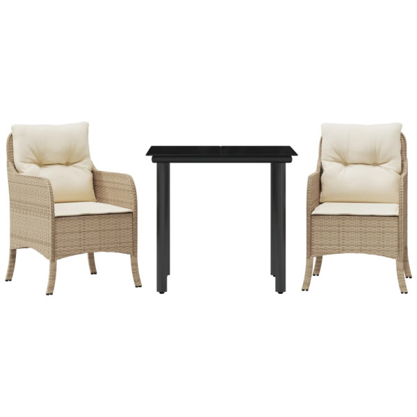 3 pcs conjunto de jantar p/ jardim com almofadões vime PE bege M 2