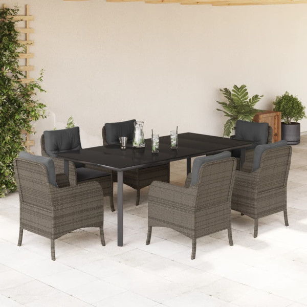 Set comedor jardín 7 pzas y cojines ratán sintético gris D