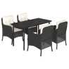 5 pcs conjunto de jantar p/ jardim c/ almofadões vime PE preto 2