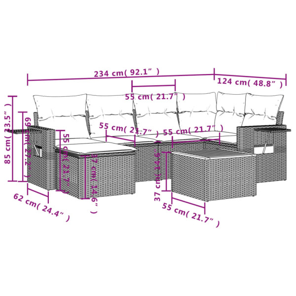 Set de comedor de jardín 7 pzas y cojines ratán sintético negro M 3