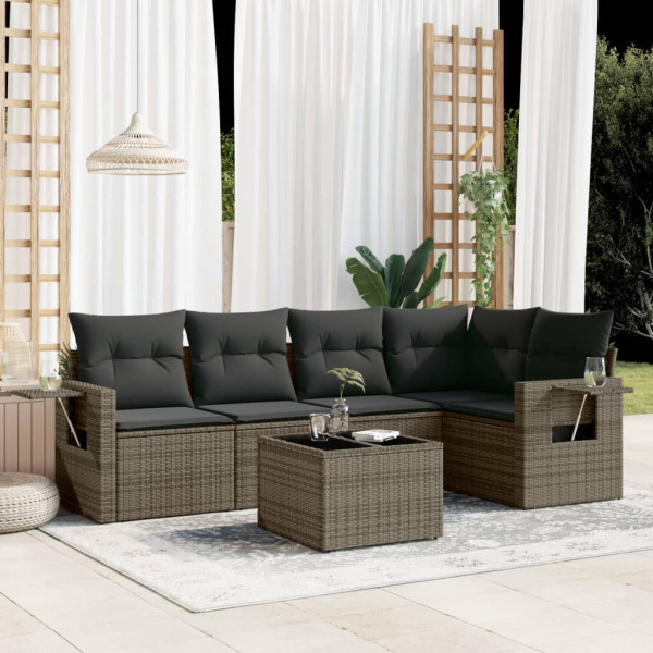 6 pcs conjunto sofás de jardim com almofadões vime cinzento D