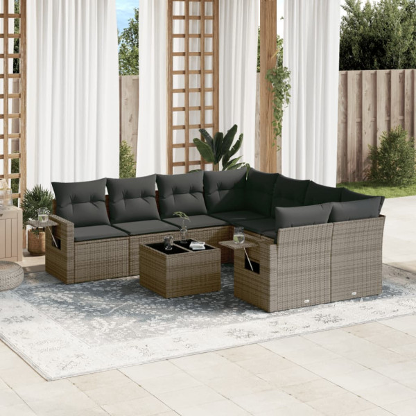 Set de muebles de jardín 9 pzas y cojines ratán sintético gris D