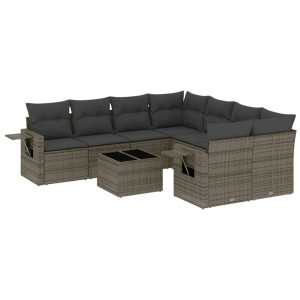 Set de muebles de jardín 9 pzas y cojines ratán sintético gris H
