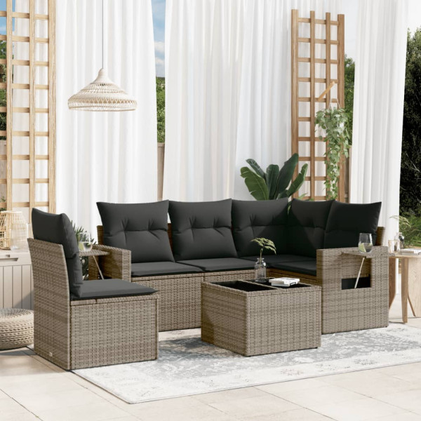 6 pcs conjunto sofás de jardim com almofadões vime cinzento D