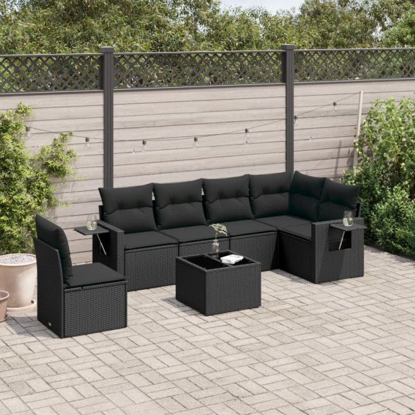 7 pcs conjunto de sofás p/ jardim c/ almofadões vime PE preto D