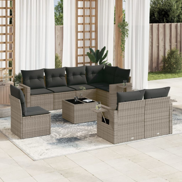 Set de muebles de jardín 9 pzas y cojines ratán sintético gris D