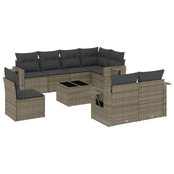 Set de muebles de jardín 9 pzas y cojines ratán sintético gris M 2