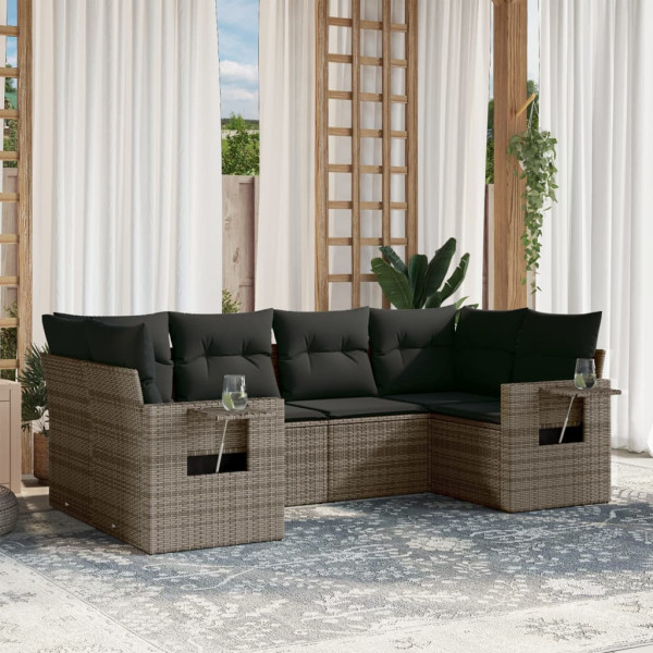 6 pcs conjunto sofás de jardim com almofadões vime cinzento D