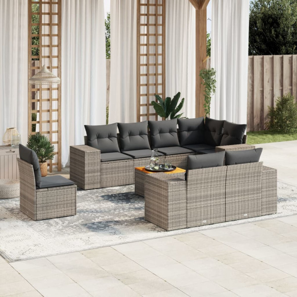 9 pcs conjunto sofás p/ jardim com almofadões vime PE cinzento D