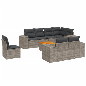 9 pcs conjunto sofás p/ jardim com almofadões vime PE cinzento H