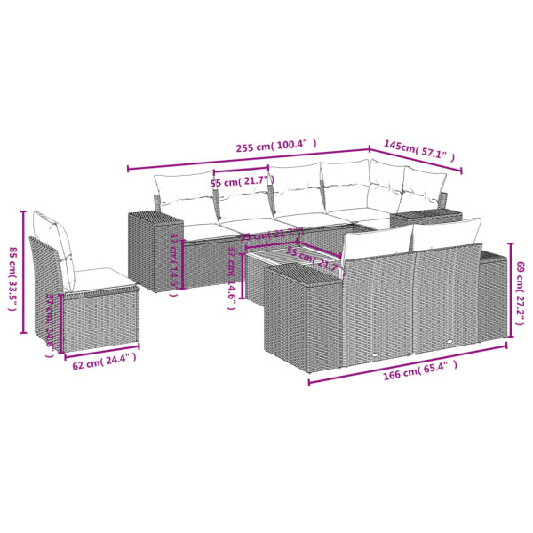 9 pcs conjunto sofás p/ jardim com almofadões vime PE cinzento M 3