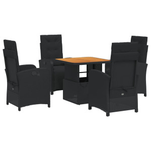 5 pcs conjunto de jantar p/ jardim c/ almofadões vime PE preto H