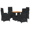 5 pcs conjunto de jantar p/ jardim c/ almofadões vime PE preto 2