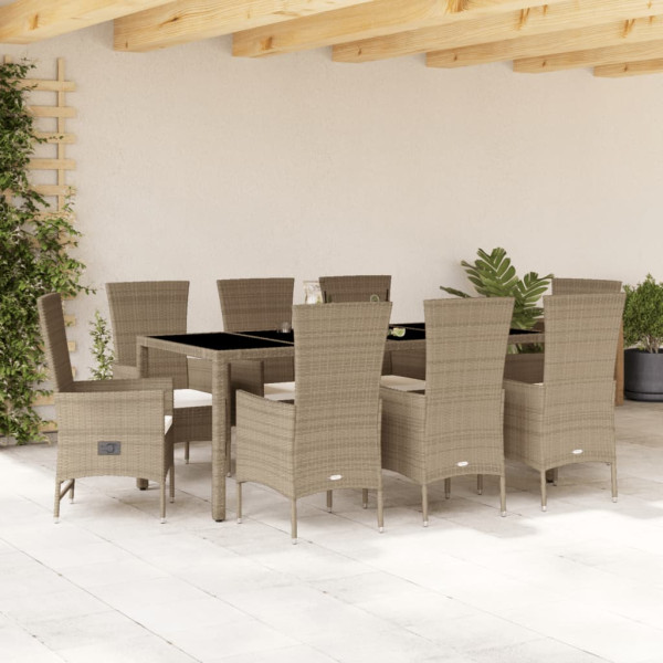 Set comedor de jardín 9 pzas con cojines ratán sintético beige D