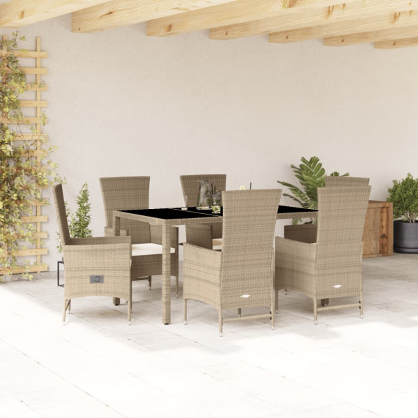 Set comedor de jardín 7 pzas con cojines ratán sintético beige D