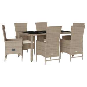 Set comedor de jardín 7 pzas con cojines ratán sintético beige H