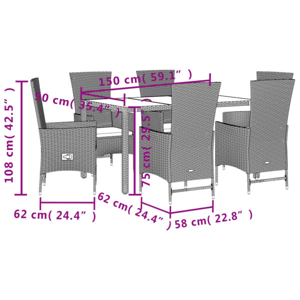 7 pcs conjunto de jantar p/ jardim com almofadões vime PE bege M 5