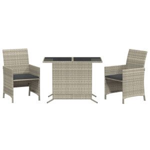 3 pcs conjunto bistrô com almofadões vime PE cinzento claro H
