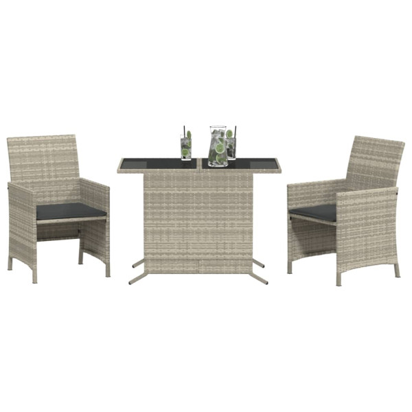 3 pcs conjunto bistrô com almofadões vime PE cinzento claro M 3