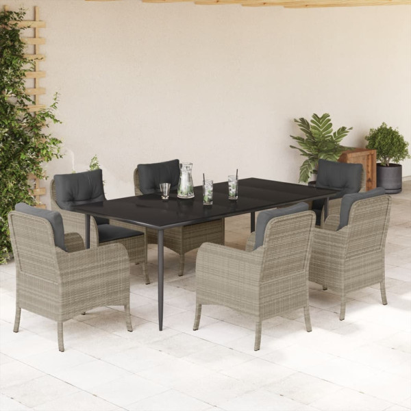 Set comedor jardín 7 pzas y cojines ratán sintético gris claro D