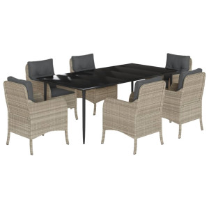 Set comedor jardín 7 pzas y cojines ratán sintético gris claro H