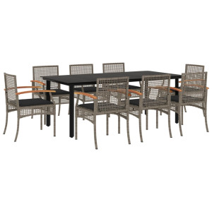 Set comedor jardín 9 pzas y cojines ratán sintético gris H