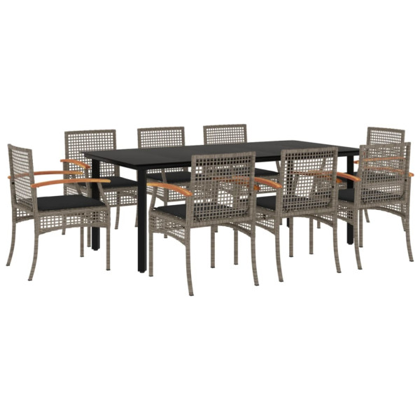 Set comedor jardín 9 pzas y cojines ratán sintético gris M 2
