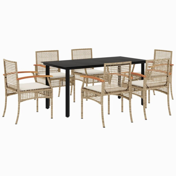 Set comedor de jardín 7 pzas con cojines ratán sintético beige M 2