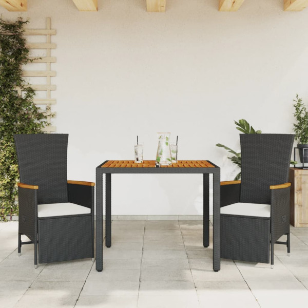 Set comedor de jardín 3 pzas con cojines ratán sintético negro D