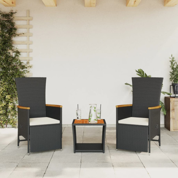 Set comedor de jardín 3 pzas con cojines ratán sintético negro D