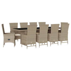 Set comedor de jardín 11 pzas con cojines ratán sintético beige H