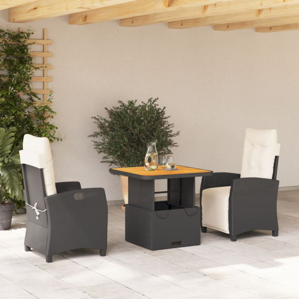 Set comedor de jardín 3 pzas con cojines ratán sintético negro D