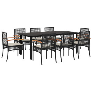 Set de comedor de jardín 9 pzas y cojines ratán sintético negro H