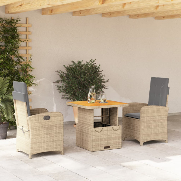 Set comedor de jardín 3 pzas con cojines ratán sintético beige D