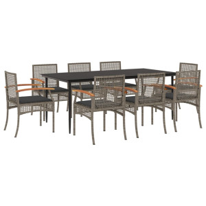Set comedor jardín 9 pzas y cojines ratán sintético gris H