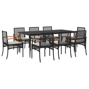 Set de comedor de jardín 9 pzas y cojines ratán sintético negro H