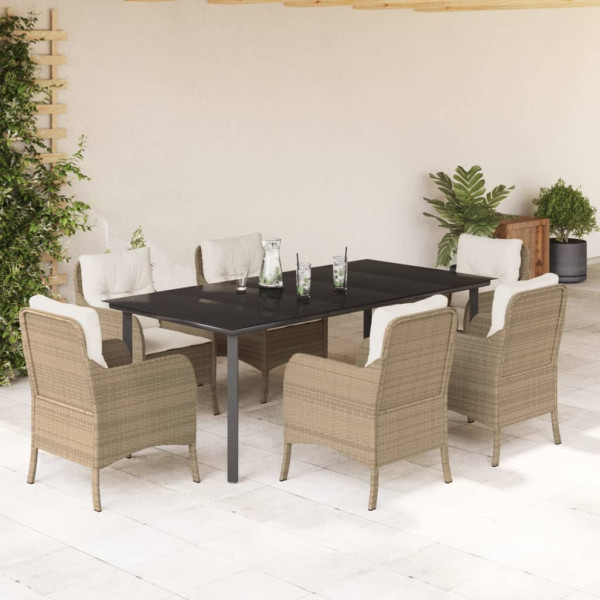 Set comedor de jardín 7 pzas con cojines ratán sintético beige D