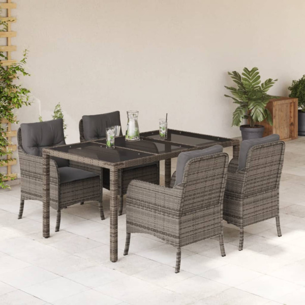 Set comedor de jardín 5 piezas con cojines ratán sintético gris D