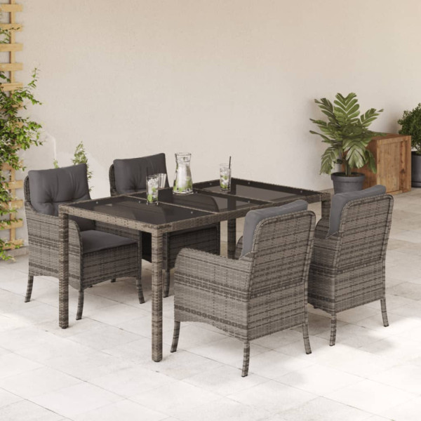 Set comedor de jardín 5 piezas con cojines ratán sintético gris M 2