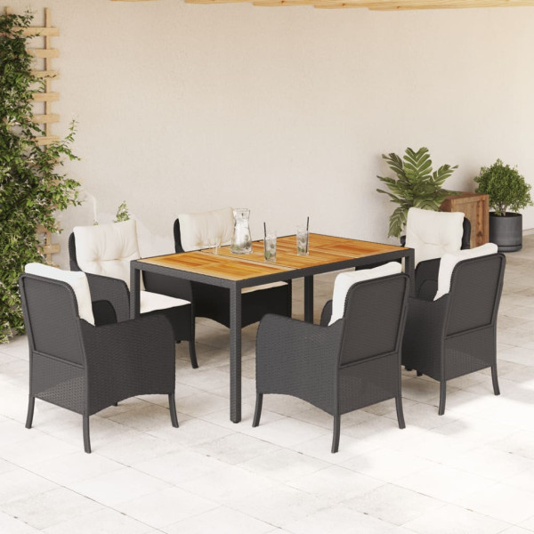 Set de comedor de jardín 7 pzas y cojines ratán sintético negro D