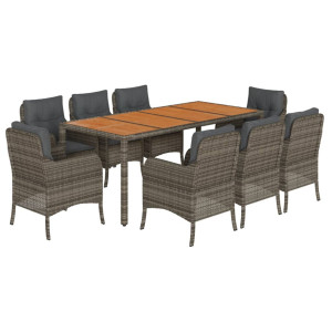 Set comedor jardín 9 pzas y cojines ratán sintético gris H