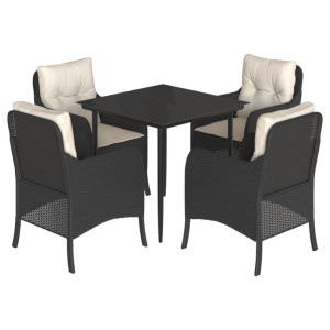 5 pcs conjunto de jantar p/ jardim c/ almofadões vime PE preto H