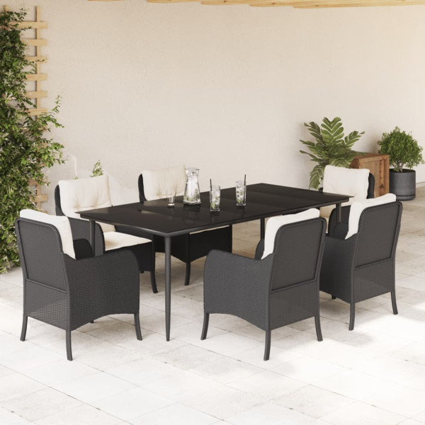 7 pcs conjunto de jantar p/ jardim c/ almofadões vime PE preto D