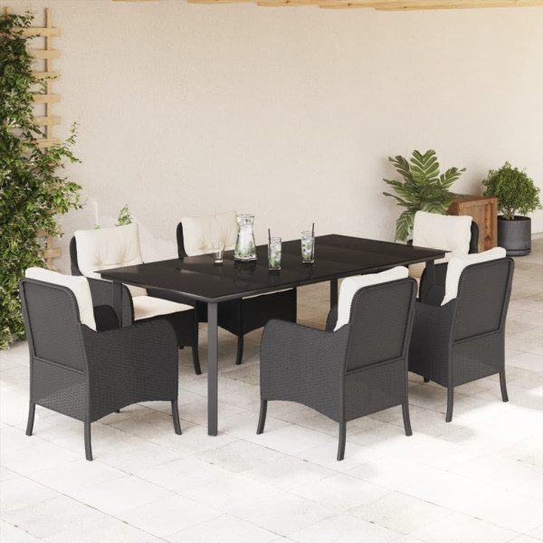 7 pcs conjunto de jantar p/ jardim c/ almofadões vime PE preto D