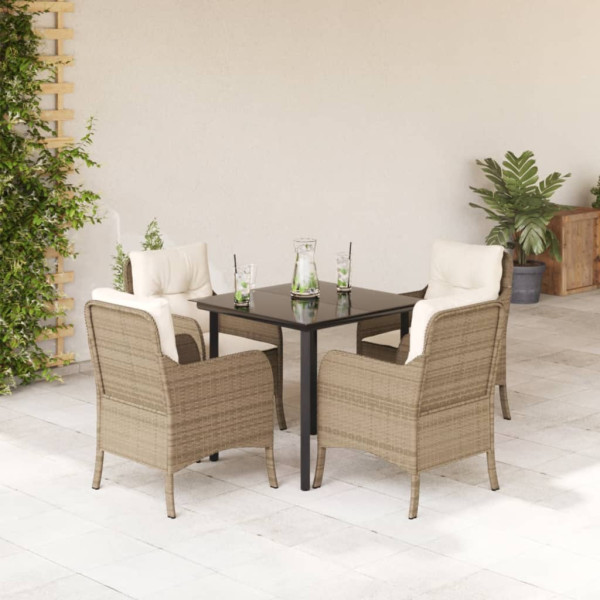 Set comedor de jardín 5 pzas con cojines ratán sintético beige D