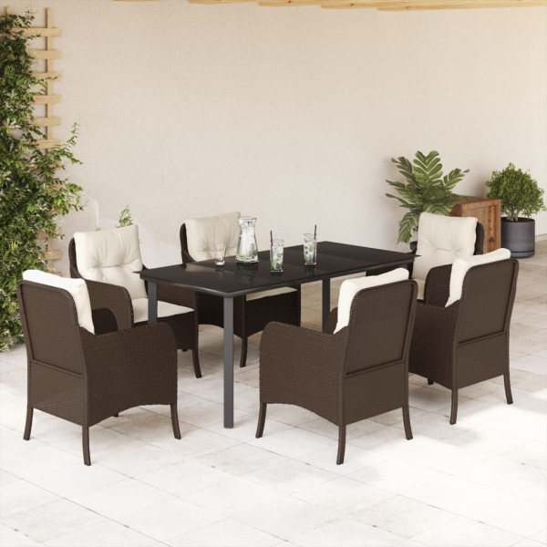 Set comedor de jardín 7 pzas con cojines ratán sintético marrón D